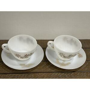 Vintage White Glass Federal Glass Tea Cup Saucer Sets With Golden Flower (2)